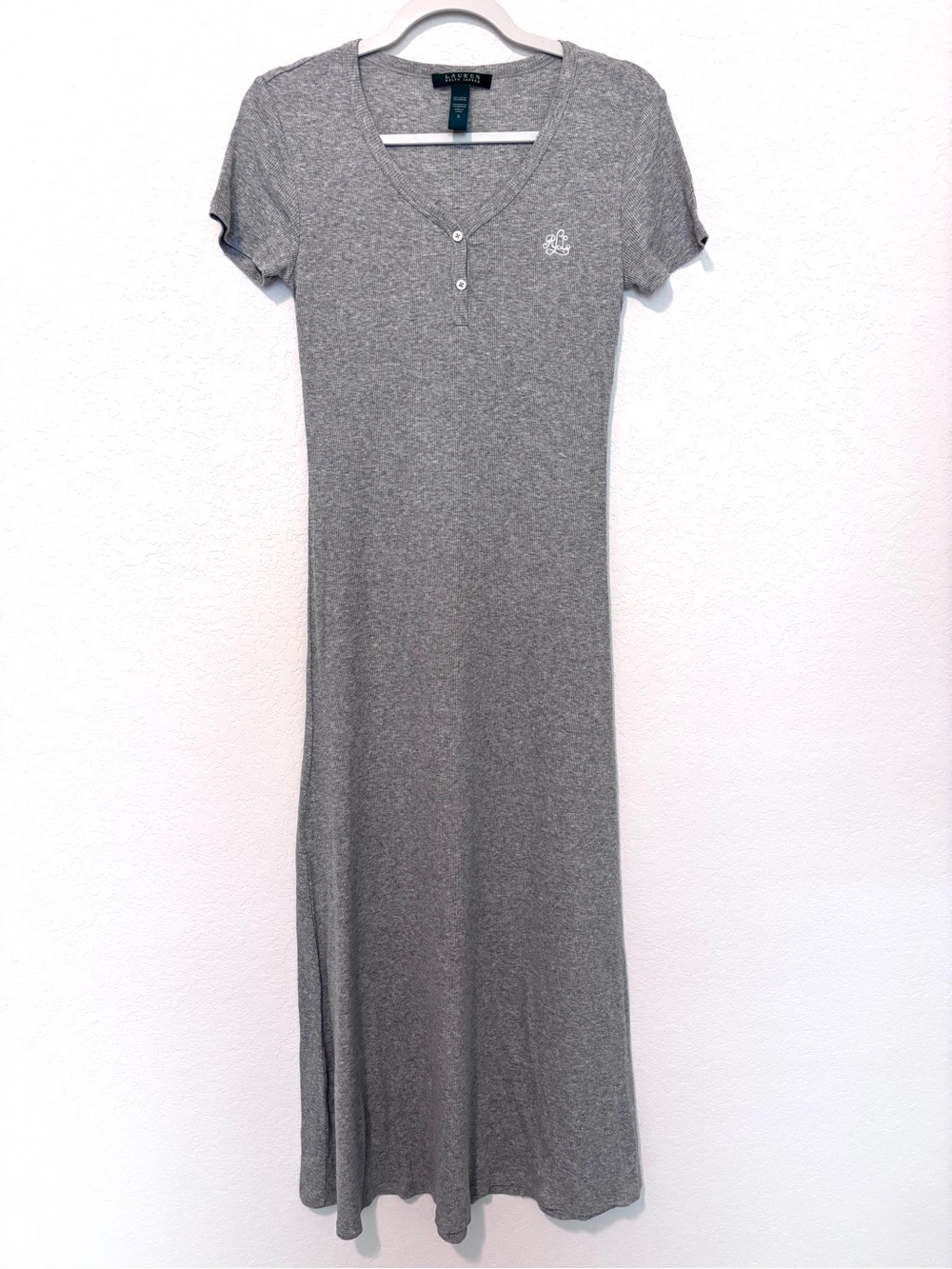 Lauren Ralph Lauren Heather Gray Short Sleeve Monogram Maxi Dress Women’s Small